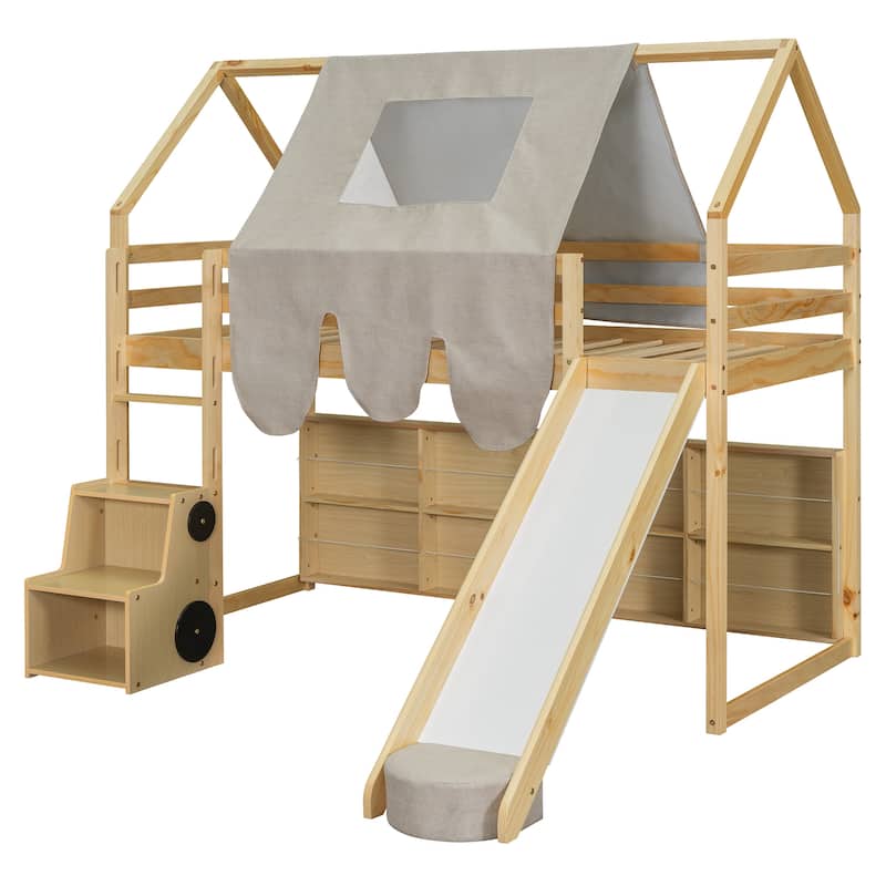 House-shaped Twin Loft Bed with Tent, Slide, and Storage in Natural+Beige