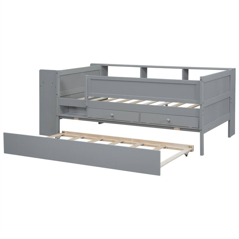 Multi-Functional Twin Size Daybed with 2 Drawers and Twin Size Trundle, Wooden Sofa Bed Frame w/ Headboard Storage & Study Desk