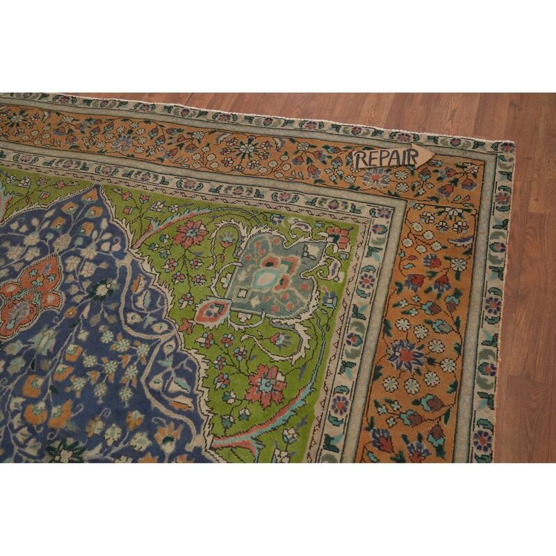 Hand Knotted Oriental 100% Wool Carpet Traditional Floral Navy Blue & Blues Tabriz Area Rug - 10' 9'' X 8' 0''