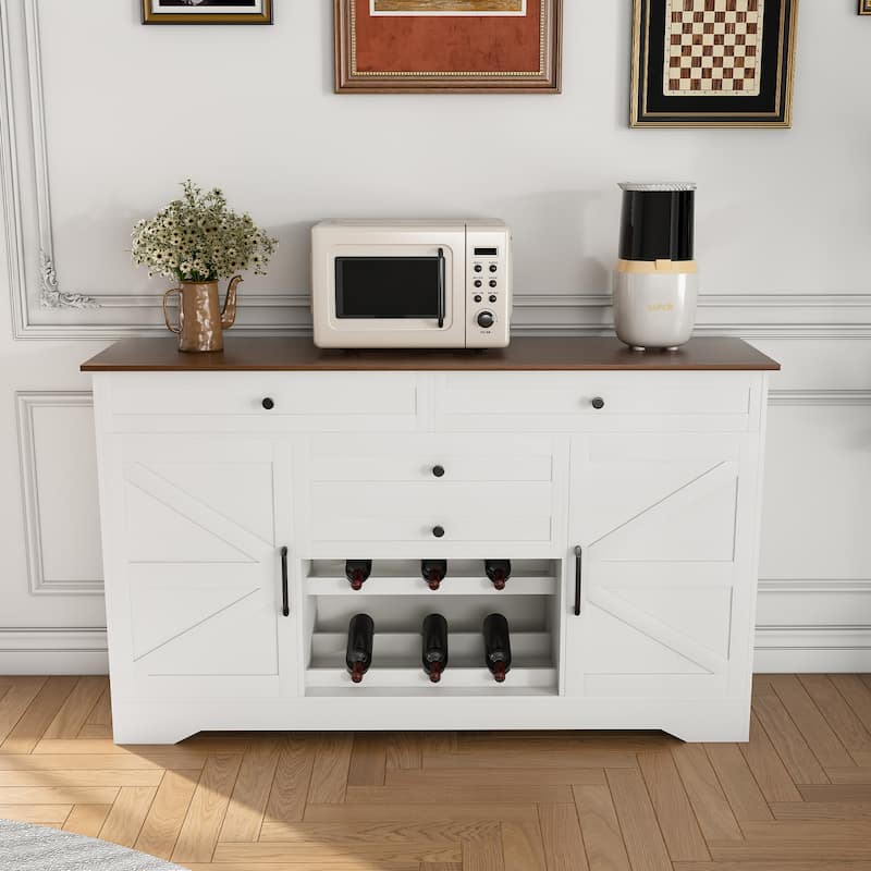 54" Rustic Farmhouse Sideboard - Versatile Storage Cabinet with Wood Tabletop, Adjustable Shelves & Drawer. - White+Walnut