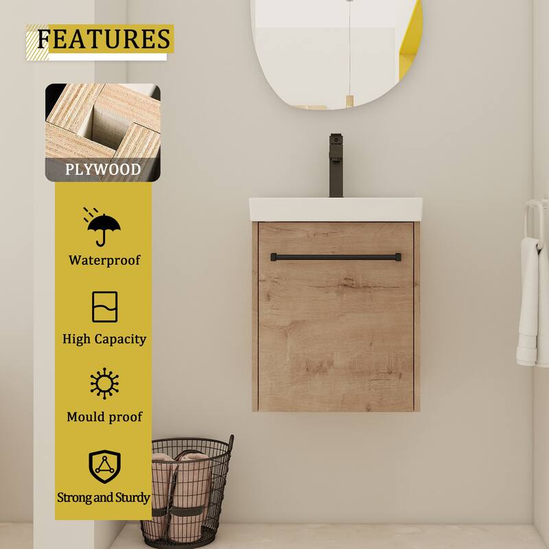 18'' Wall-Mounted Bathroom Vanity with Ceramic Sink, Soft-Close Door, and Storage for Small Spaces