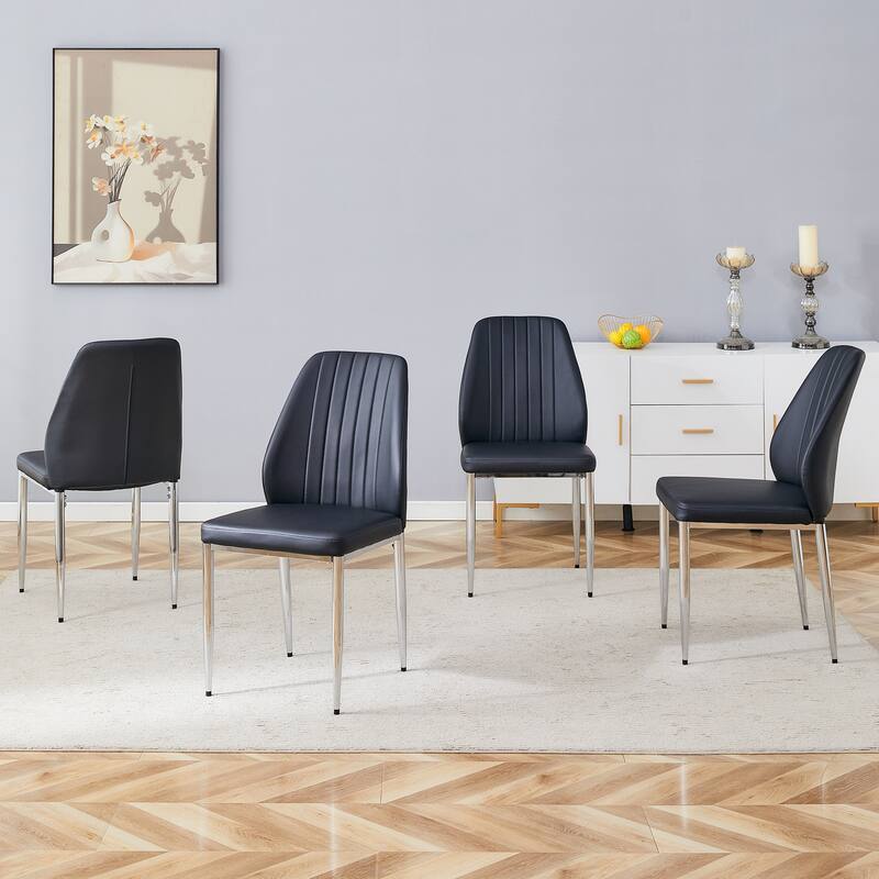 Set Of 4 Black Pu Comfort Dining Chairs,Dining Chair With Extended Backrest,Black Pu,Silver Metal Legs
