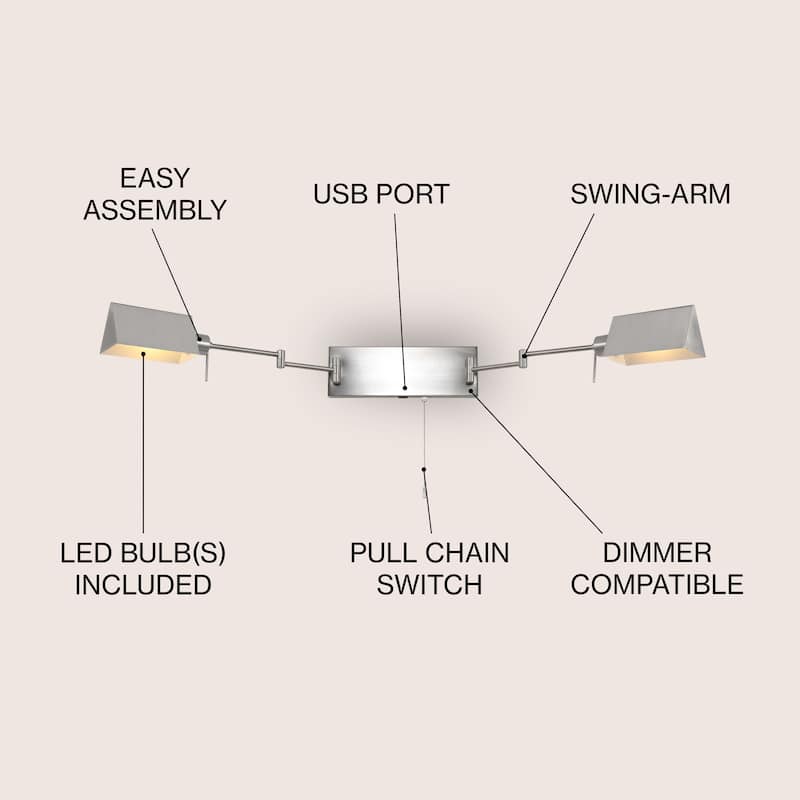 Curtis Farmhouse Swing Arm Plug-In or Hardwired Iron LED Wall Sconce with Pull-Chain with USB Charging Port, by JONATHAN Y
