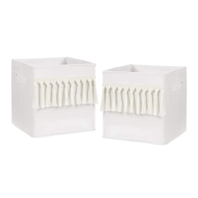 Ivory Boho Bohemian Collection Foldable Fabric Storage Bins - Gender Neutral Off White Farmhouse Minimalist Tassel Fringe Cotton