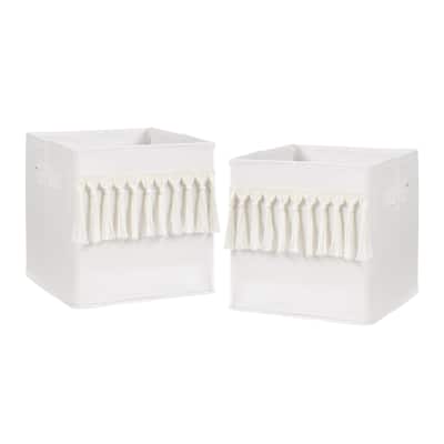 Ivory Boho Bohemian Collection Foldable Fabric Storage Bins - Gender Neutral Off White Farmhouse Minimalist Tassel Fringe Cotton