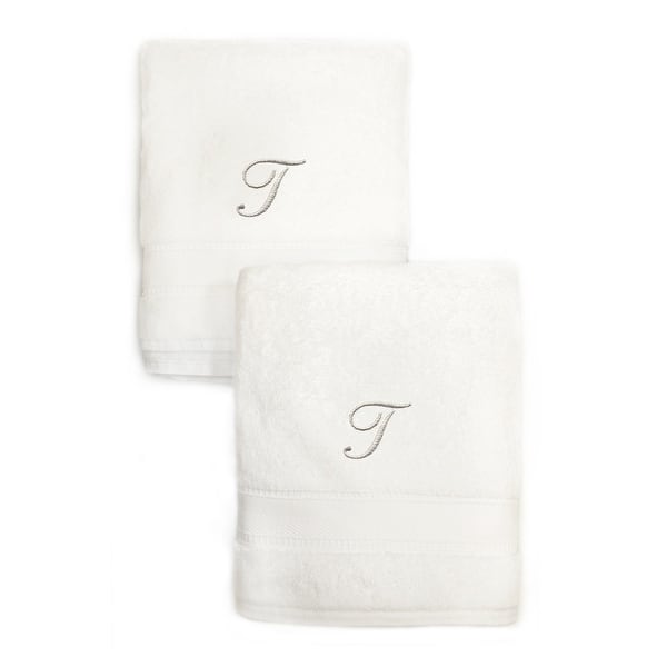 Authentic Hotel and Spa 2-piece White Turkish Cotton Hand Towels with Silver Script Monogrammed Initial - White - T