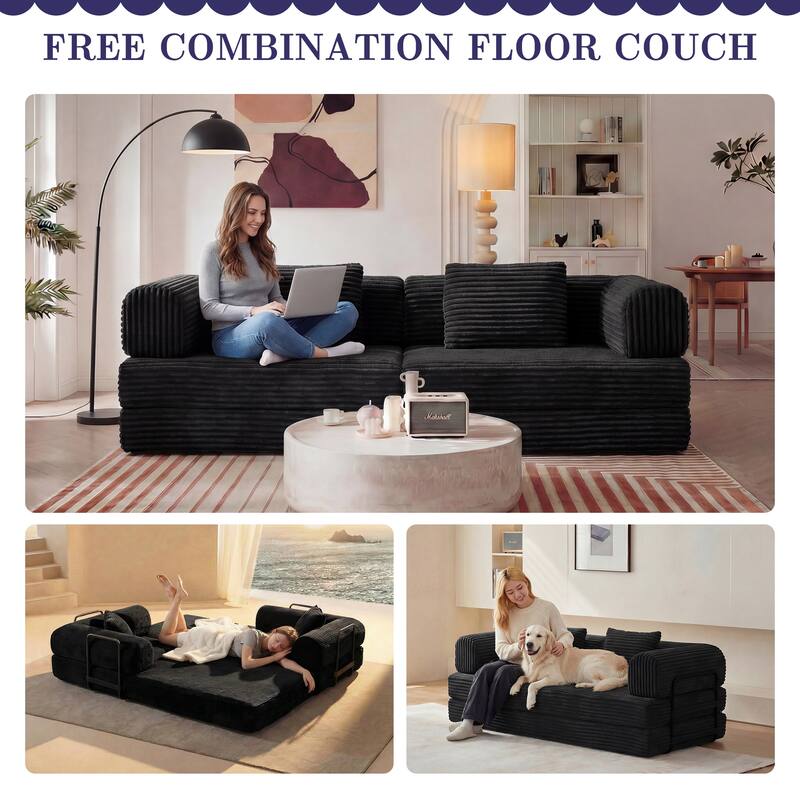 Convertible Sofa Bed, 3 in 1 Folding Loveseat Couch Bed Foldable Boneless Couch Floor Sleeper, Corduroy Pull Out Sofa Bed