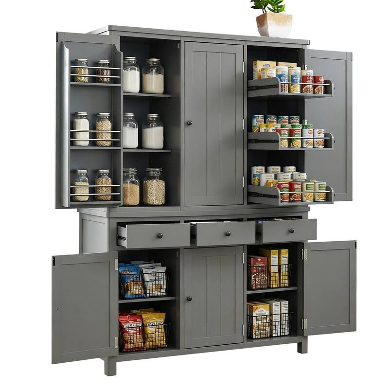 Farmhouse 74.8"Tall Freestanding Kitchen Pantry with Door Shelves,Adjustable Shelves, Pull-out Trays and Drawers