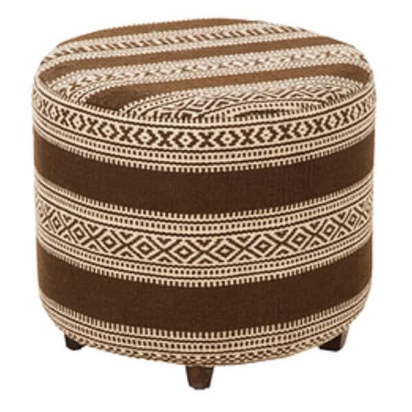 20" Chocolate Brown and Light Beige Upholstered Wool and Wooden Foot Stool Ottoman - N/A