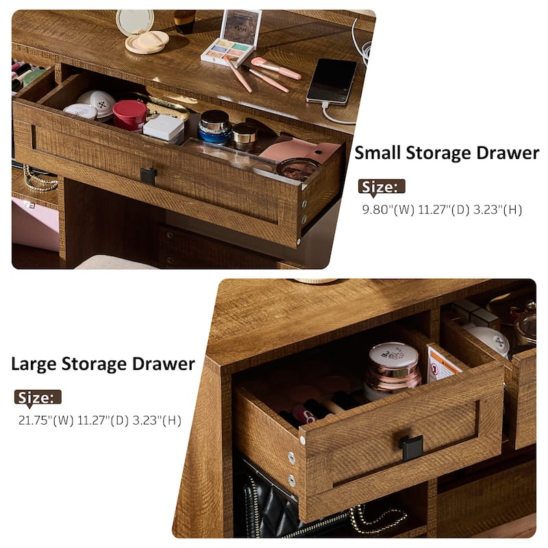 Farmhouse Makeup Vanity with Lighted Mirror, Charging Station, Stool, Drawers, Shelves and Side Cabinet