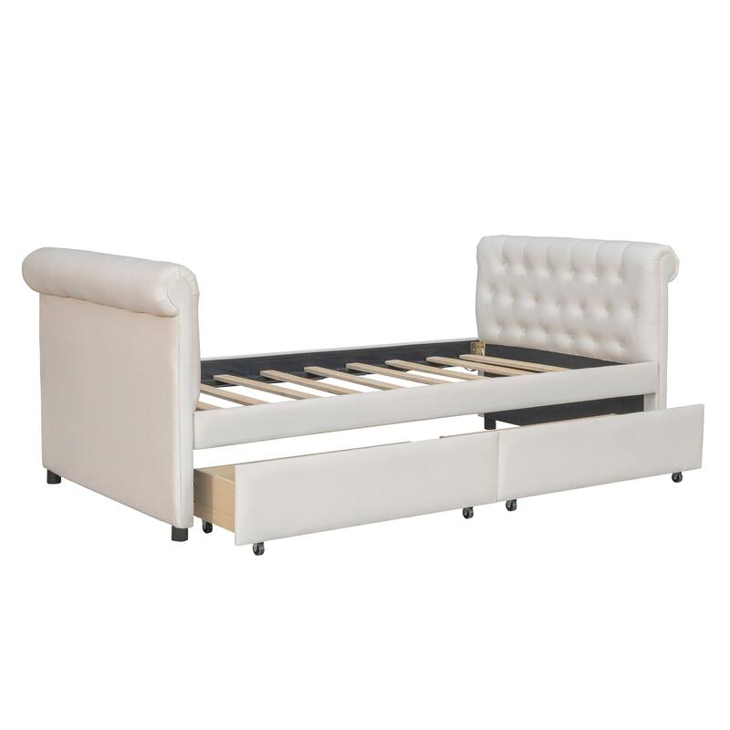 Twin Size Upholstered Daybed with Drawers, Wood Slat Support, and Elegant Design