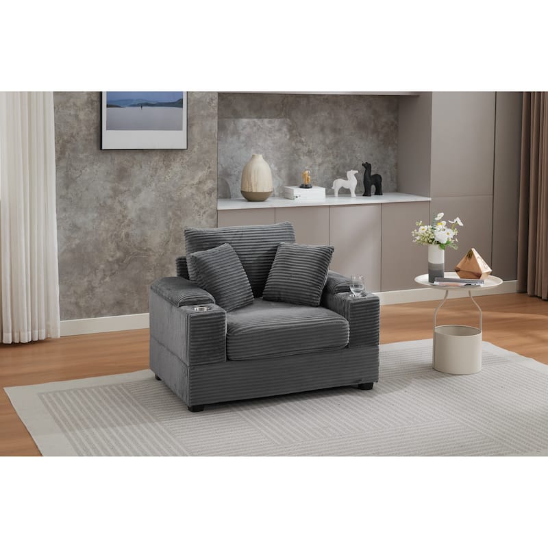 Corduroy Upholstered Chaise Lounge with Movable Ottoman, Living Room Storage Sofa Chair with Cup Holder, Detachable Cushions