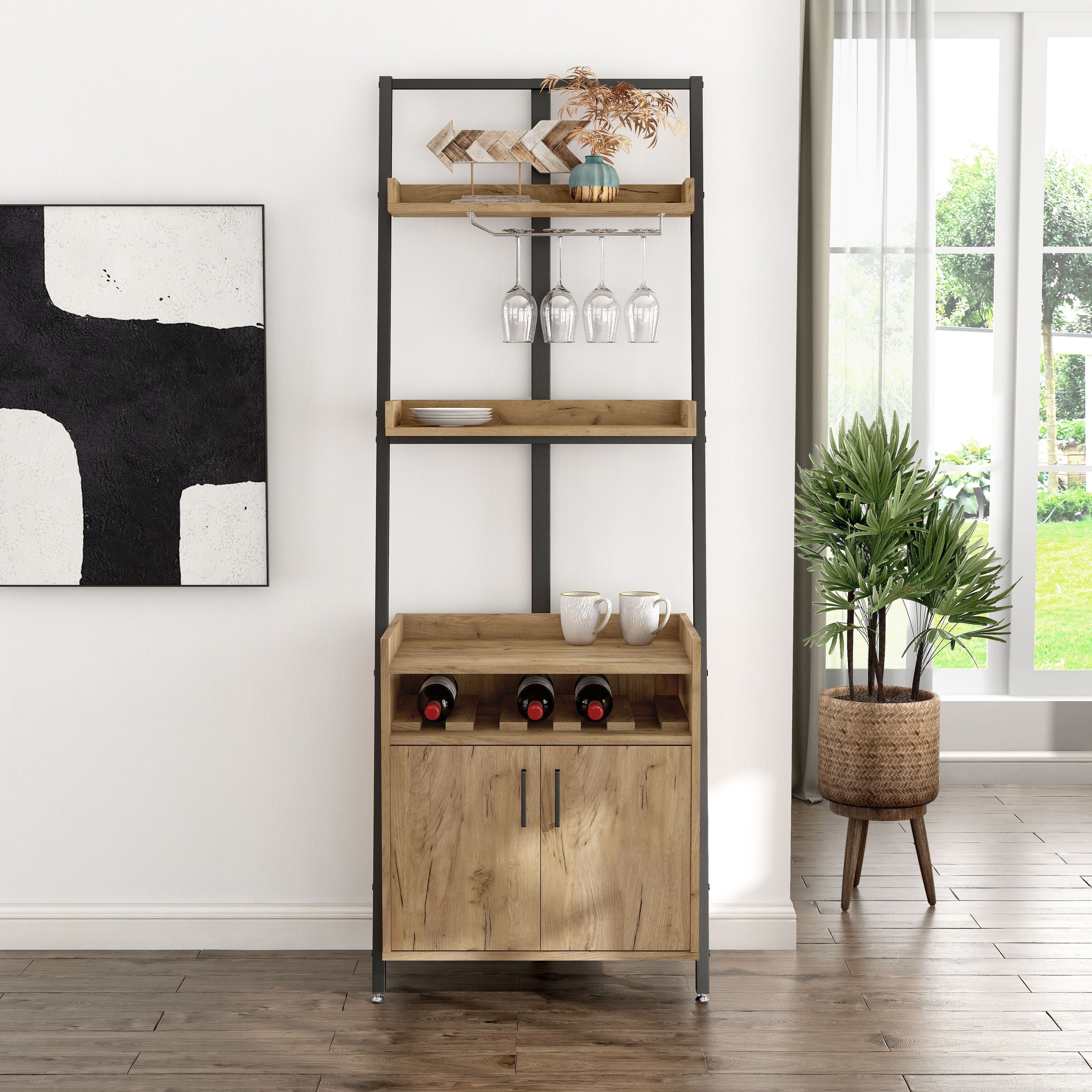 Brady Rustic Light Oak Metal 2 Shelf Leaning Bar Cabinet with Wine Rack by Furniture of America Bed Bath Beyond 37844481