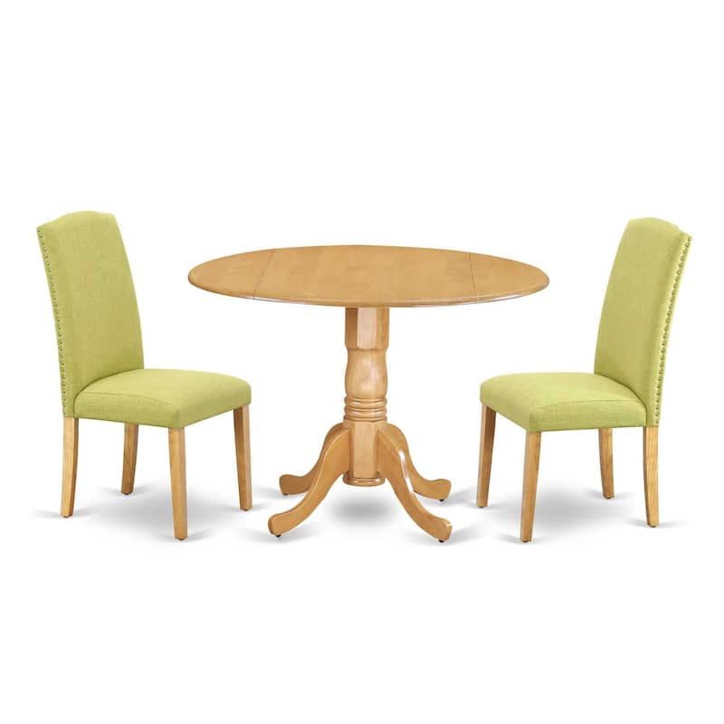 Round Kitchen Table Set - 42 Inch Table w/ Drop Leaves & 2 Parsons Chairs - Linen Fabric, Oak Legs