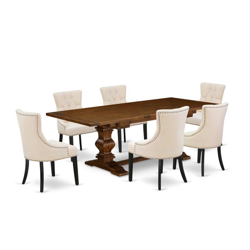 East West Furniture Dining Room Set- a Wooden Table and Light Beige Linen Fabric Dining Chairs, (Pieces & Finish Options)