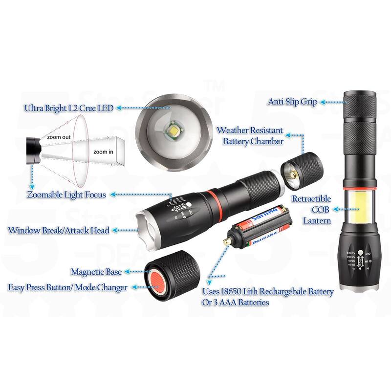 Tactical LED Zoomable Pro Flashlights - Retractable COB Work Light Lantern, 5 Light Modes, Magnetic Base - Combo