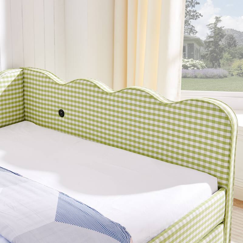 Full Size Gingham Daybed with Twin Trundle, USB Port, Wave Shaped Design & Linen Fabric - No Box Spring Needed