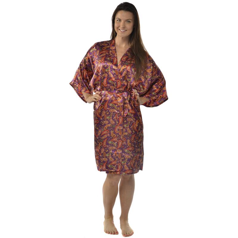 Leisureland Women's Paisley 42-inch Satin Charmeuse Kimono - Purple
