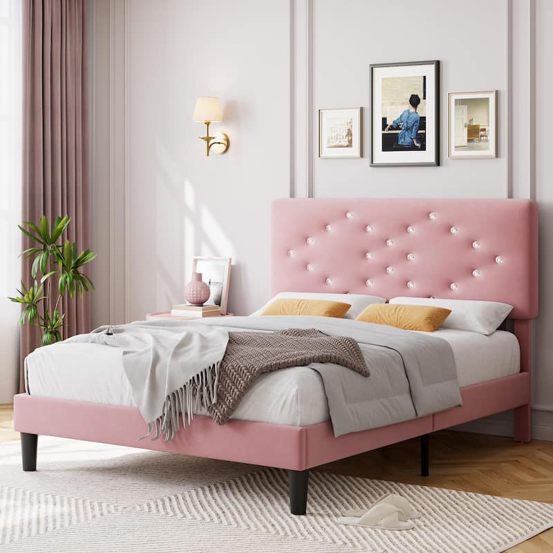 Velvet Upholstered Bed Frame, Vertical Channel Tufted & Sturdy Wood Slats - Pink - Queen
