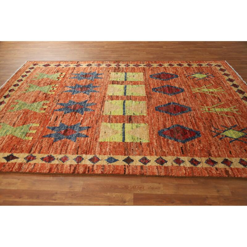 Orange Moroccan Oriental Rug Handmade Geometric Wool Carpet - 6'9" x 9'9"