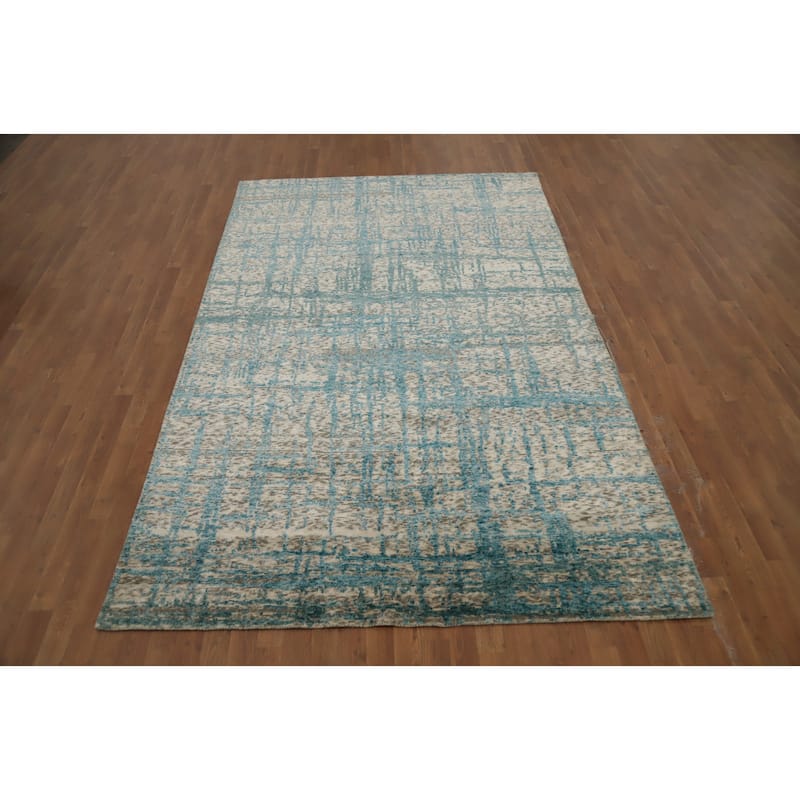Hand Knotted Oriental Wool & Silk Carpet Modern Abstract Navy Blue & Blues Nepalese Area Rug - 10' 2'' X 6' 3''