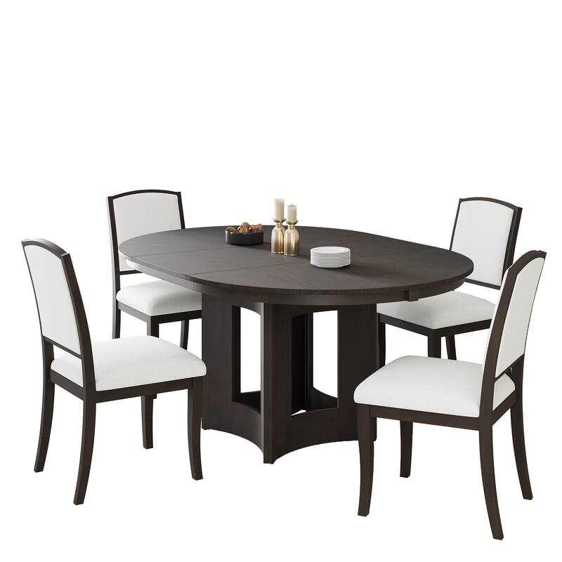 5-Piece, Farmhouse Extendable Round Dining Table Set with 4 Chairs and Removable Leaf, for kitchen and Dining Room