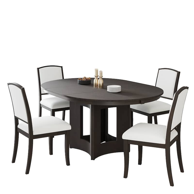 Farmhouse 5-Piece Extendable Round Dining Table Set with 4 Upholstered Chairs for Compact Living Spaces