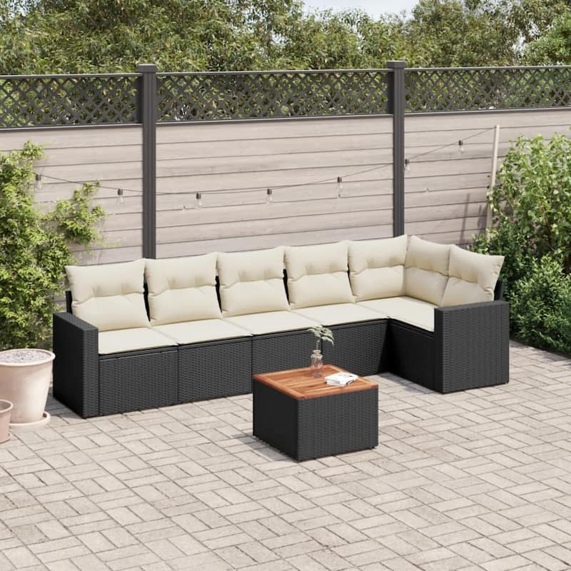 vidaXL Patio Sofa Set with Cushions Outdoor Furniture 7 Piece Poly Rattan - 21.7 x 21.7 x 14.6 - Black and Cream