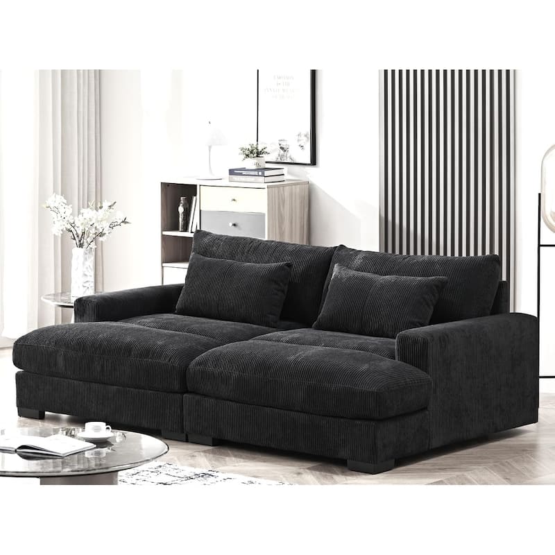 Luxe Sleeper Sofa Corduroy Upholstery Double Chaise Design Convertible to Twin Size Bed - Black