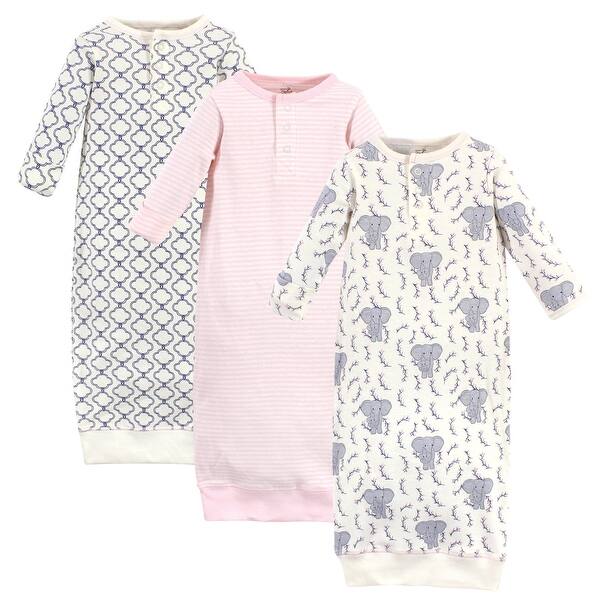 slide 1 of 1, Touched by Nature Baby Girl Organic Cotton Henley Long-Sleeve Gowns 3pk, Girl Elephant 0-6 Months - Girl Elephant