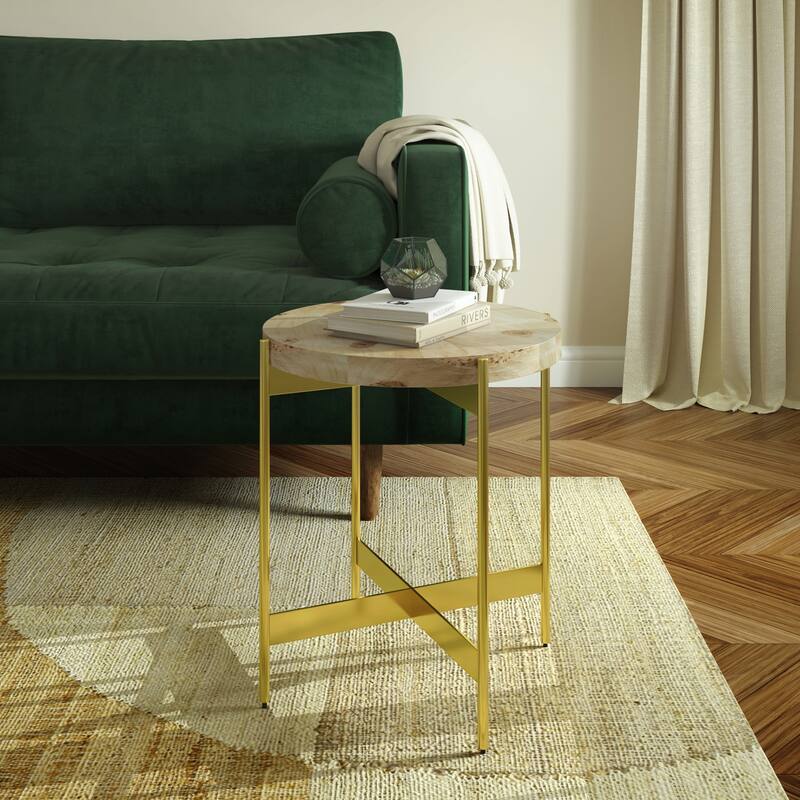 Eliana Round Burl Wood & Metal Side Table by Sevita - 20″ L x 20″ W x 22″ H - Burl Wood/Gold