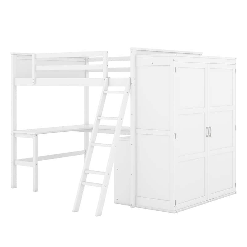 Full Loft Bed with Wardrobe & Desk, Solid Wood Bed w/ Desk Underneath
