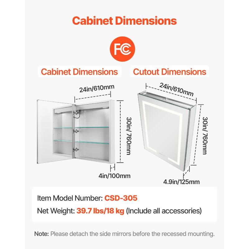White LED Anti-Fog Bathroom Mirror Cabinet with Dimmable Lighting and Built-in Power Outlet - 24” x 4.9” x 29.9”