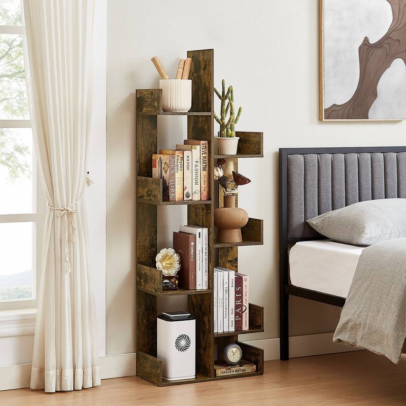 Wooden Tree Bookcase with 8 Book Shelves Freestanding Room Dividers, Floor Standing Storage Rack, Display Shelf - Brown