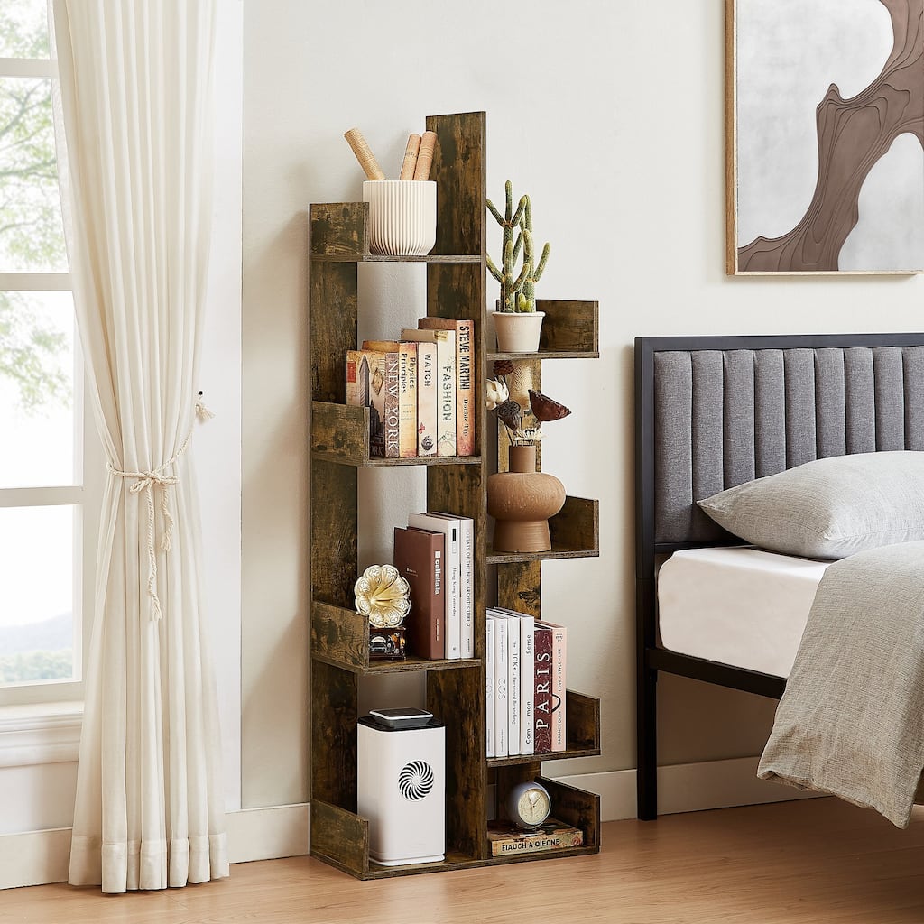 Wooden Tree Bookcase with 8 Book Shelves Freestanding Room Dividers, Floor Standing Storage Rack, Display Shelf