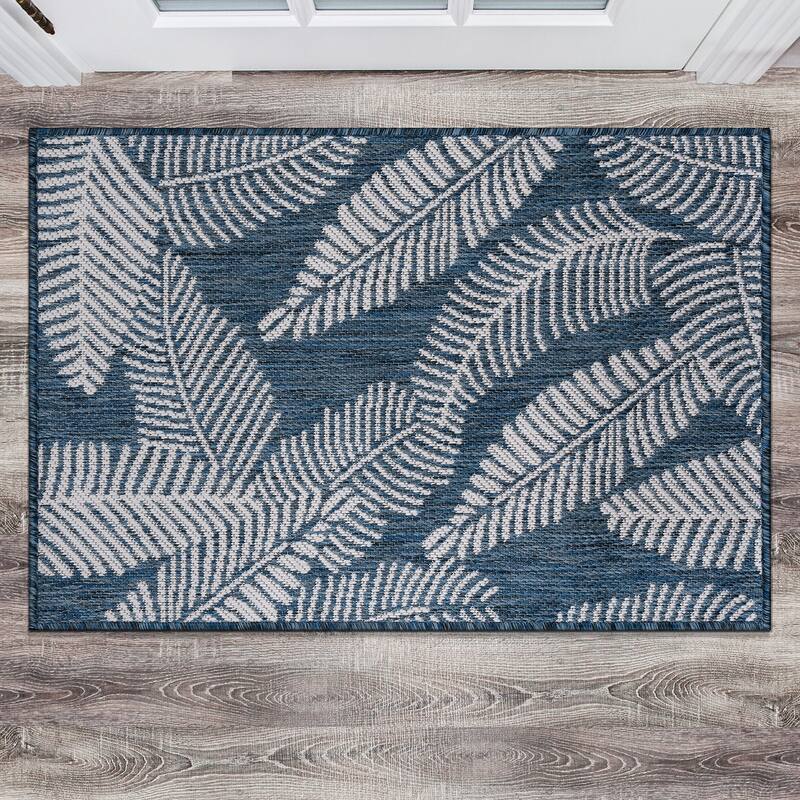 World Rug Gallery Distressed Palm Leaves Textured Flat Weave Indoor/Outdoor Area Rug - 2'x3' - Navy