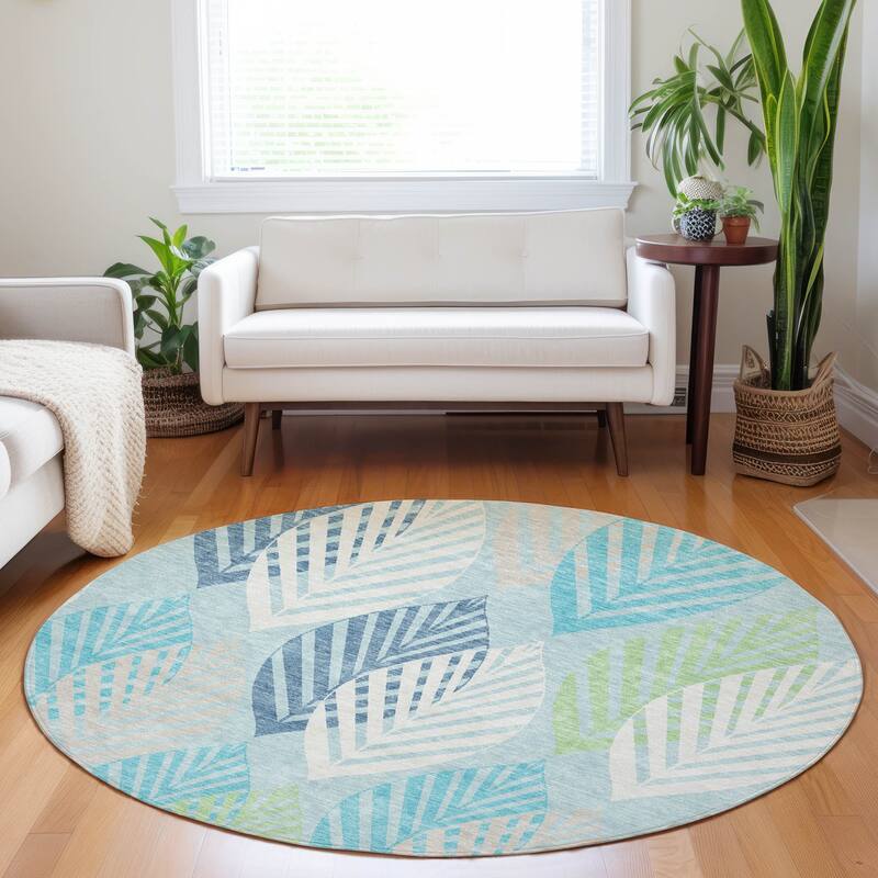 Premium Washable Super Soft Farmhouse Leaves Mayfield Rug - Teal - 8' x 8' - Round
