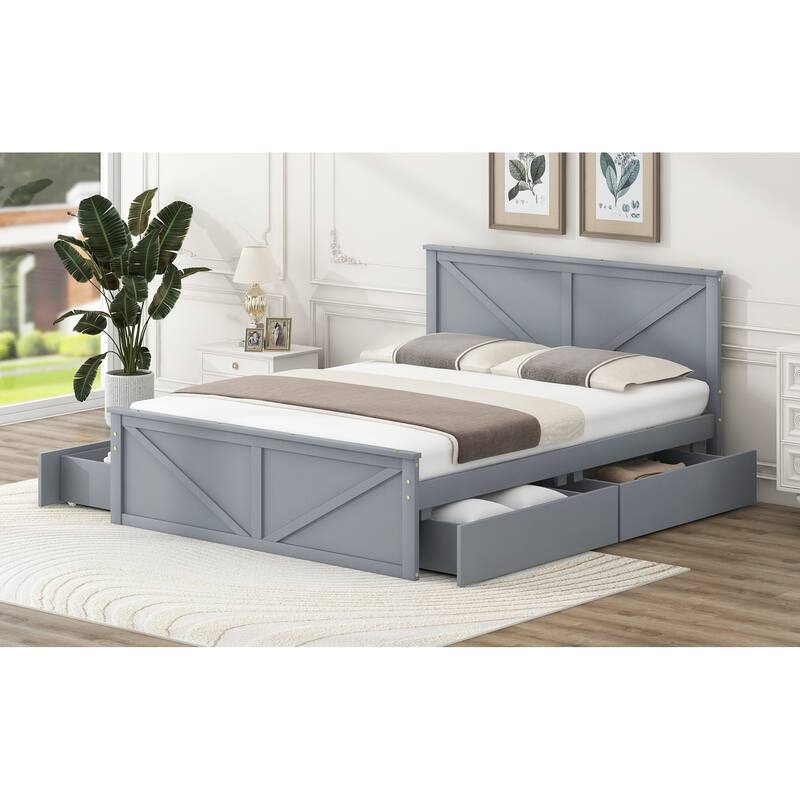 Queen Size Wooden Platform Bed with Four Storage Drawers and Support Legs