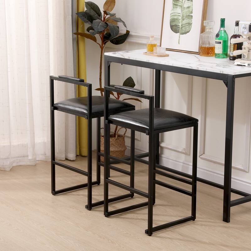 Set of 2 Black PU Leather Bar Stools with Backrest & Footrest, Counter Height Upholstered Bar Chairs