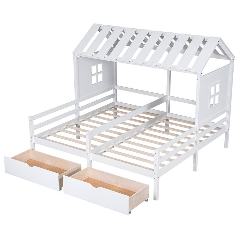 Merax 2 Shared Beds Twin Size House Platform Beds with Two Drawers
