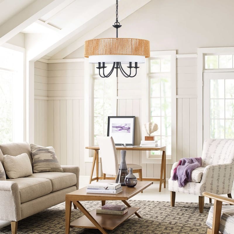 KAWOTI Adjustable Height Pendant Light with Rattan Shade