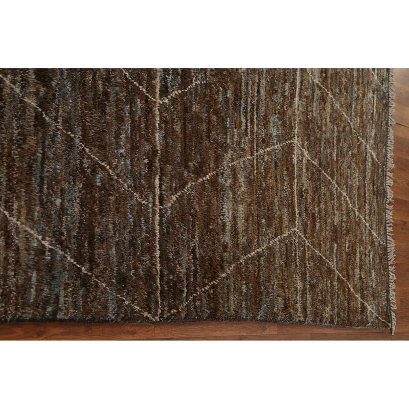 Hand Knotted Oriental 100% Wool Carpet Tribal Tribal Brown Moroccan Area Rug - 9' 7'' X 6' 7''