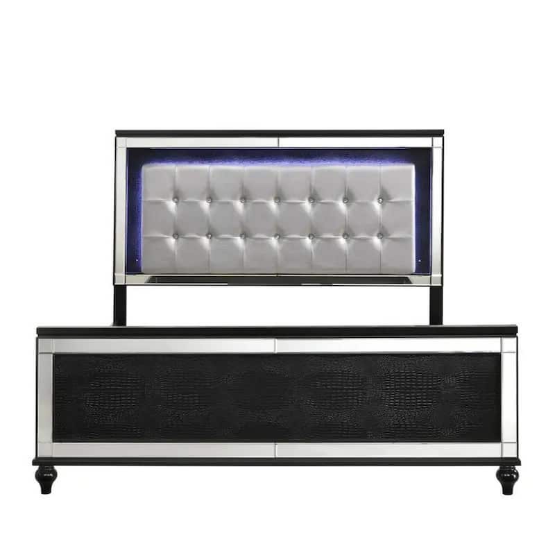 Lee Queen Size Bed, LED, Tufted Faux Leather Upholstery, Textured Black