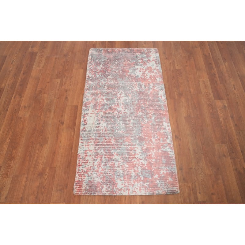 Hand Knotted Oriental Viscose Silk Carpet Modern All-Over Pink Abstract Area Rug - 4' 0'' X 2' 0''