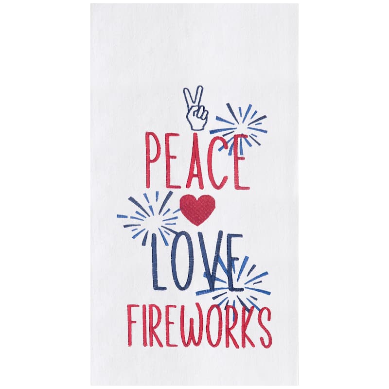 Peace Love Fireworks Embroidered Cotton Flour Sack Kitchen Towel Patriotic Dishtowel Decoration