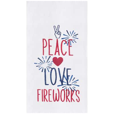 Peace Love Fireworks Embroidered Cotton Flour Sack Kitchen Towel Patriotic Dishtowel Decoration