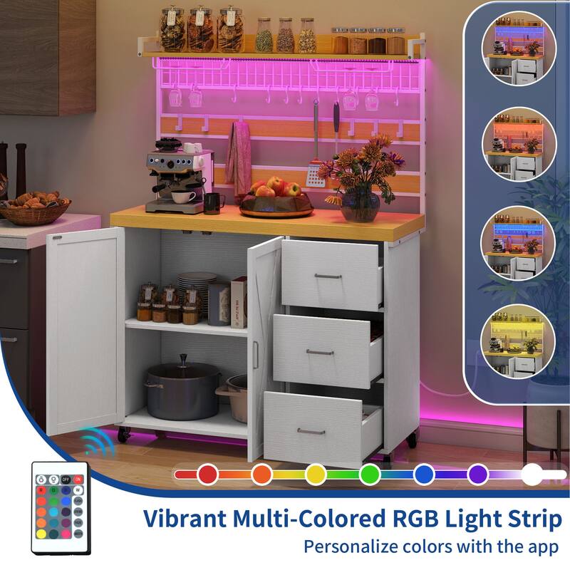Moasis Large Rolling Kitchen Island With Power Outlet & LED Light, Storage Cabinet With Tall Shelf