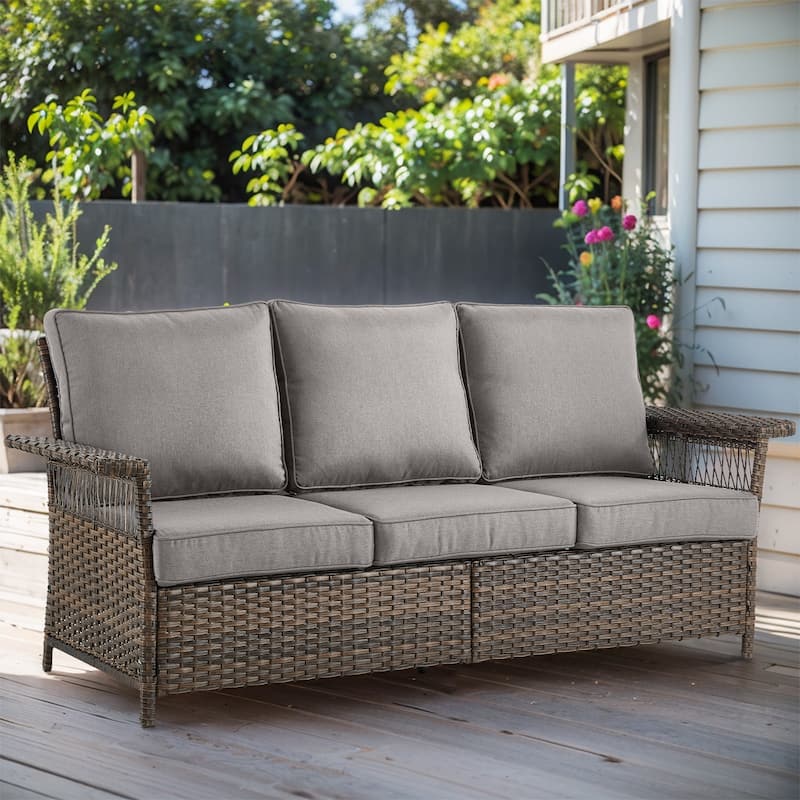 3-Seat Patio Wicker Sofa with Cushion - Brown - Grey - Brown