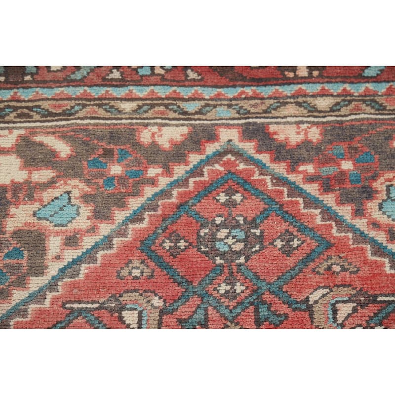 Geometric Hamedan Persian Vintage Runner Rug Hand-Knotted Wool Carpet - 3'7" x 10'3"