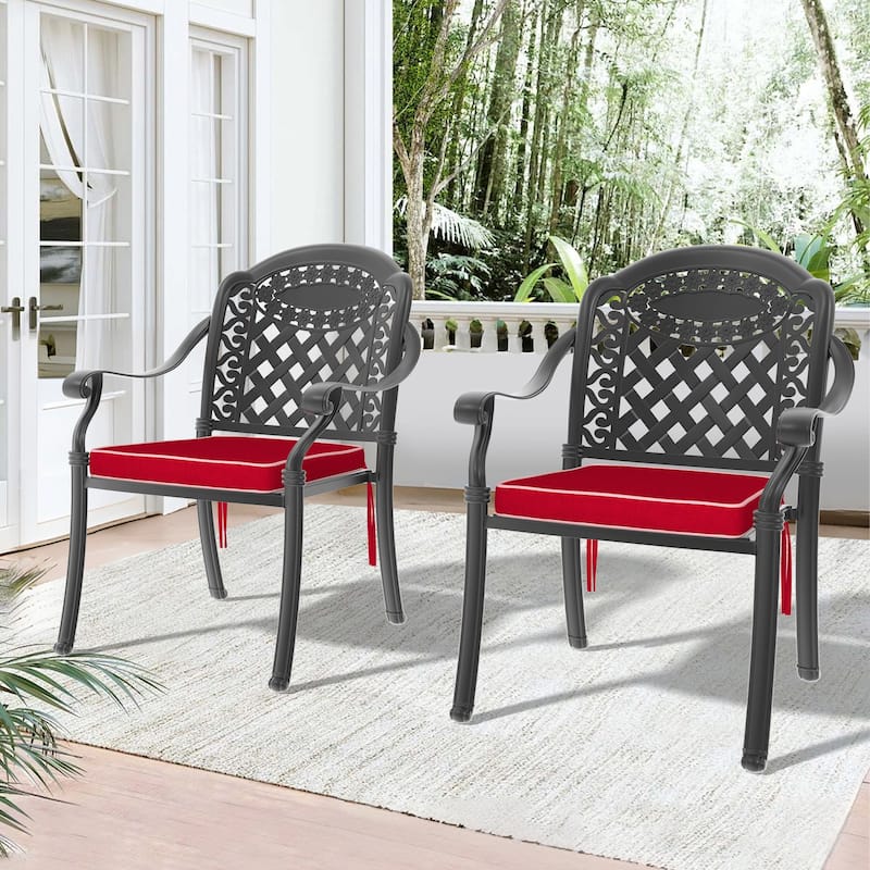 Black Stackable Cast Aluminum Patio Outdoor Dining Chairs With Seat Cushions